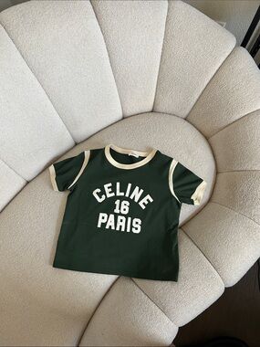 Celine Green Tee with Cream Trim and White Graphic